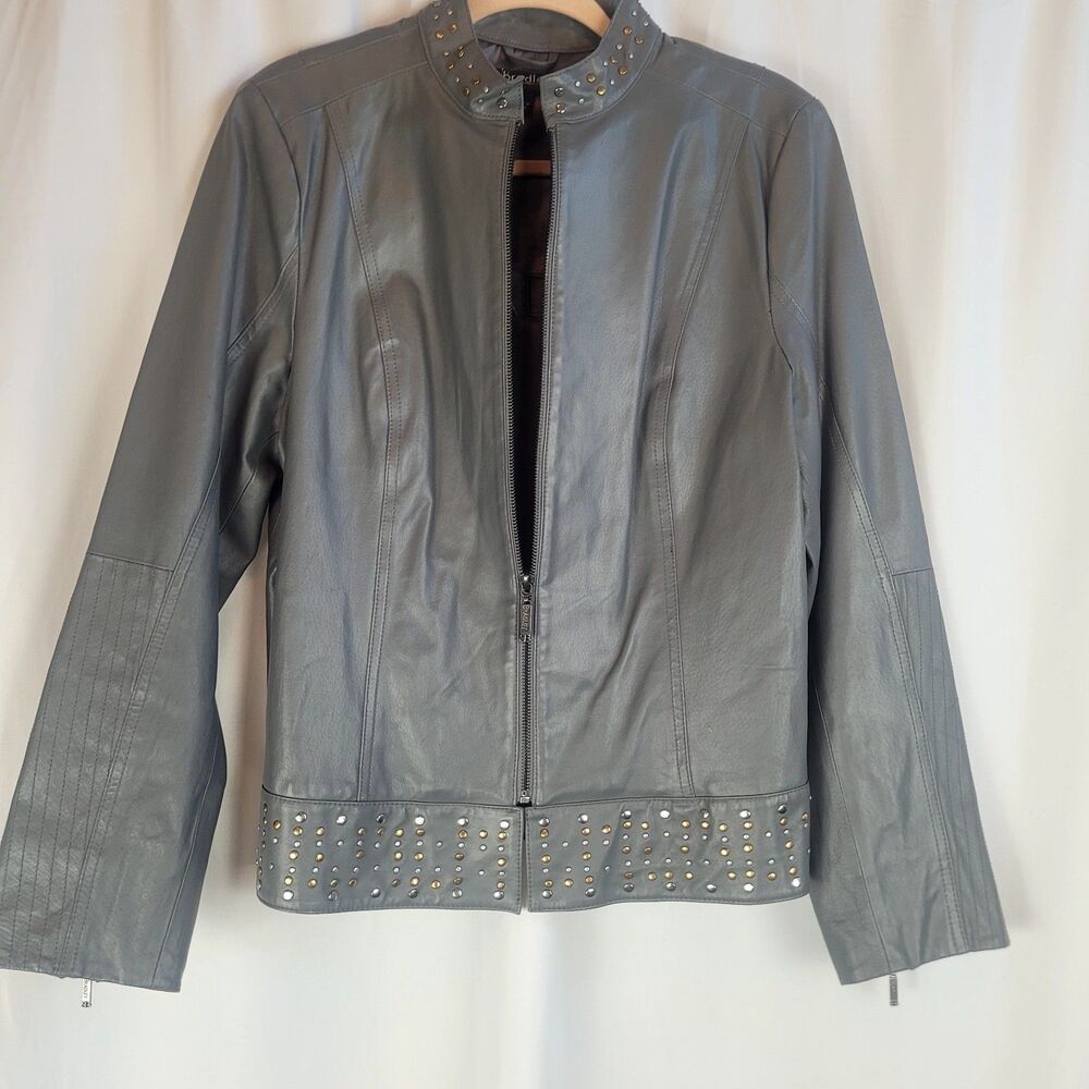 Stud-Trim Grey Leather Jacket for Women